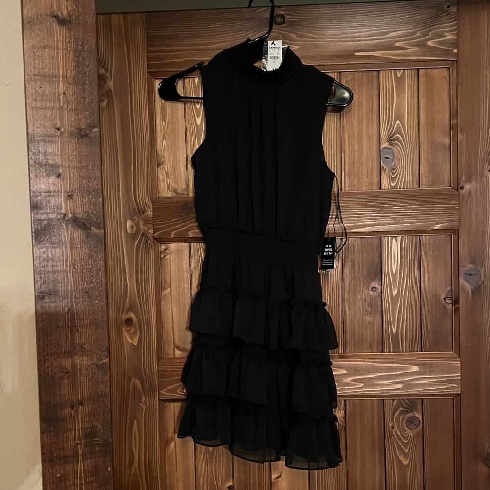 Express Black Sleeveless Mock Neck Tiered Ruffle Dress XS